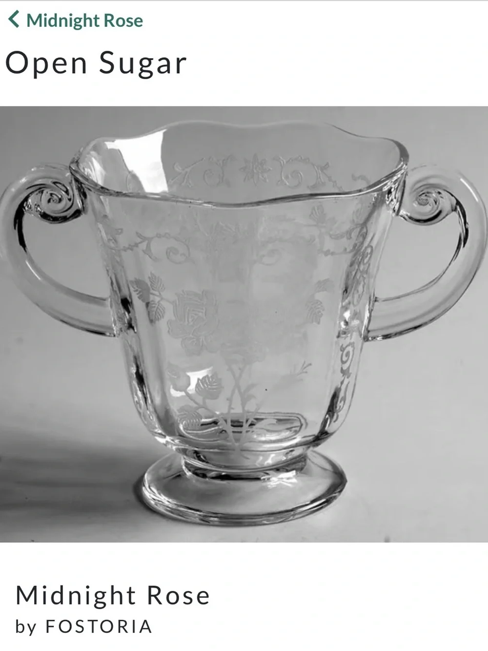 Vintage Fostoria Navarre Clear Etched Glass Open Sugar Bowl with Double Handle